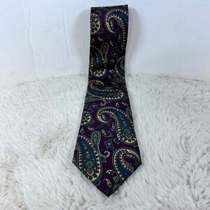 Halston‎ III Paisley Necktie Silk Plum Purple Green Gold Pattern Tie